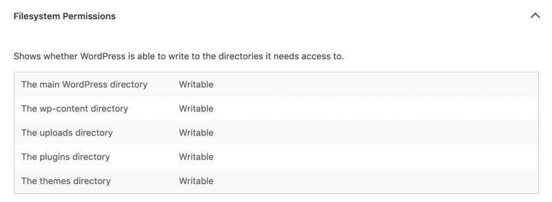 WordPress' site health file permissions info.