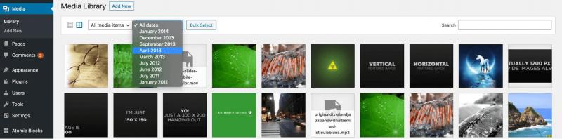 Filtering the WordPress Media Library by date.