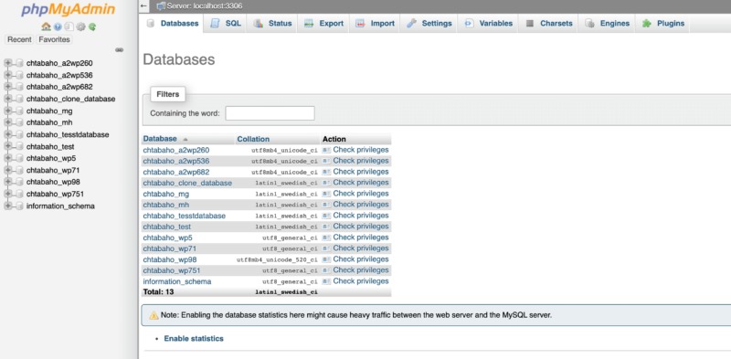 The phpMyAdmin dashboard.