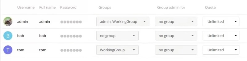 The User List within Nextcloud.