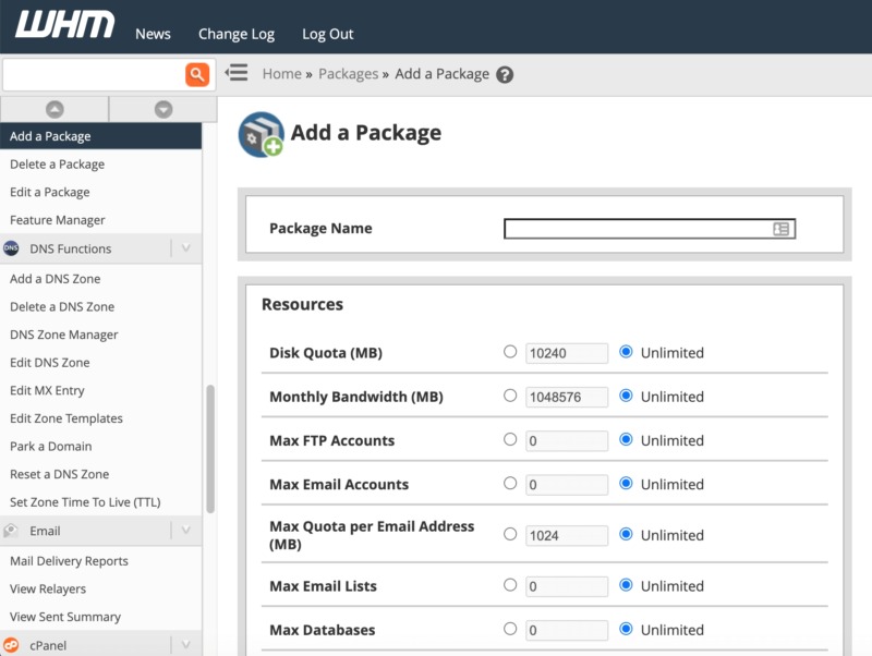 A reseller hosting package in the WHM console. 