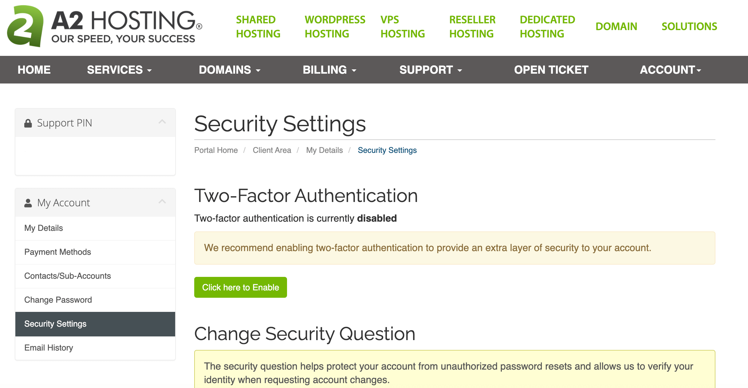 A2 Hosting's Two-Factor Authentication settings.