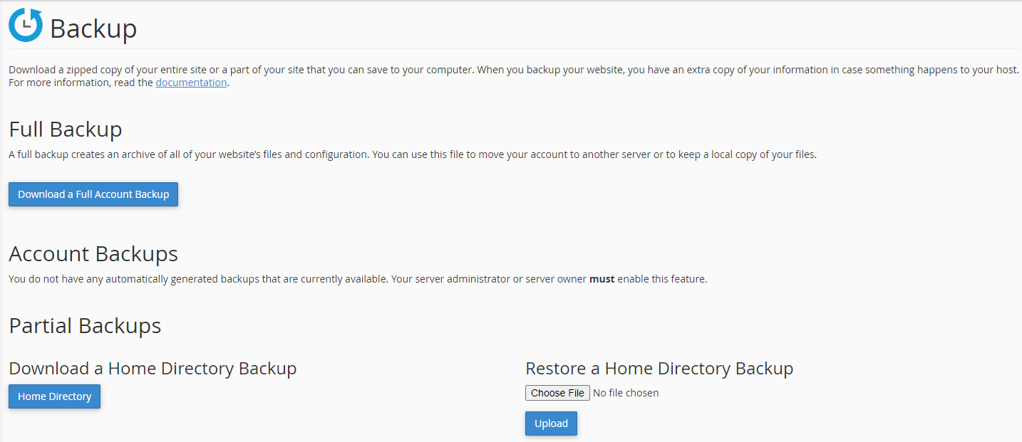 Website backup options in cPanel.