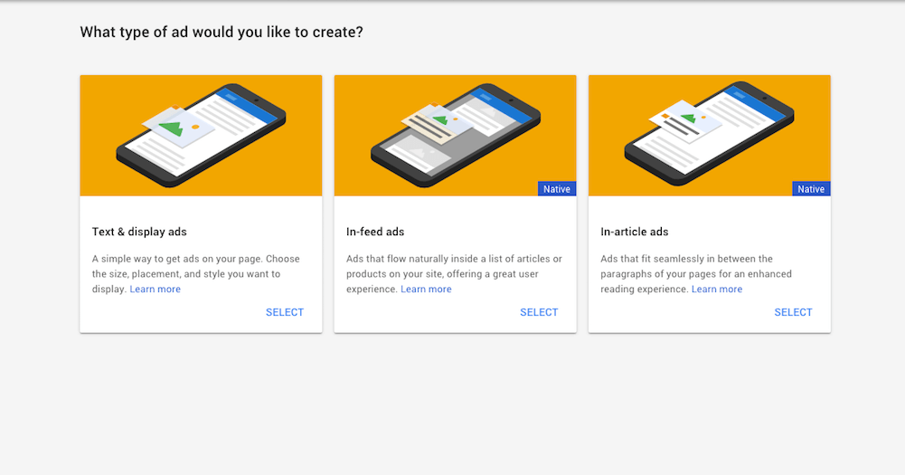 Choosing a Google AdSense ad type.