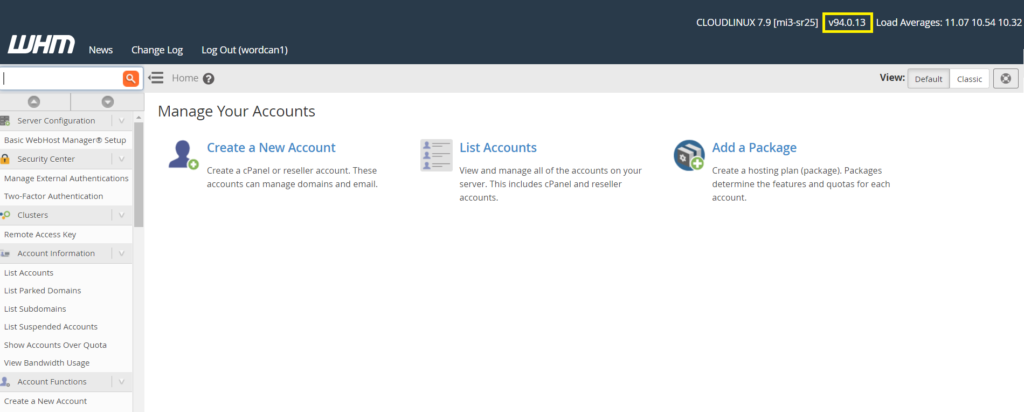 The WHM dashboard showing the current version of cPanel