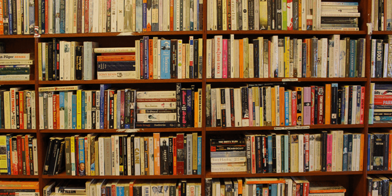 Books in a library.