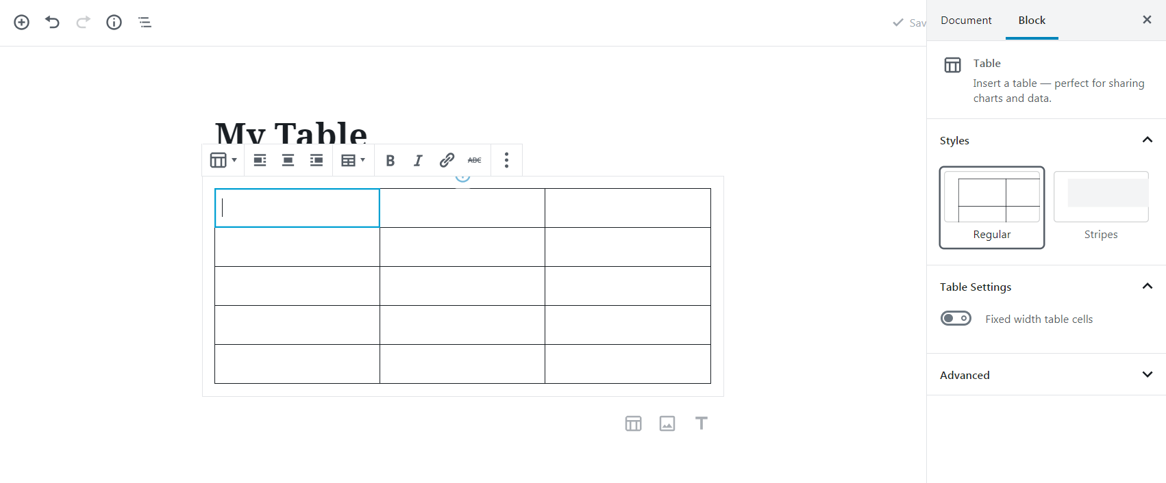 Customizing a table in Gutenberg.