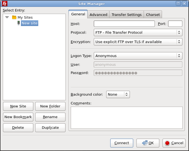 FileZilla - Site Manager dialog