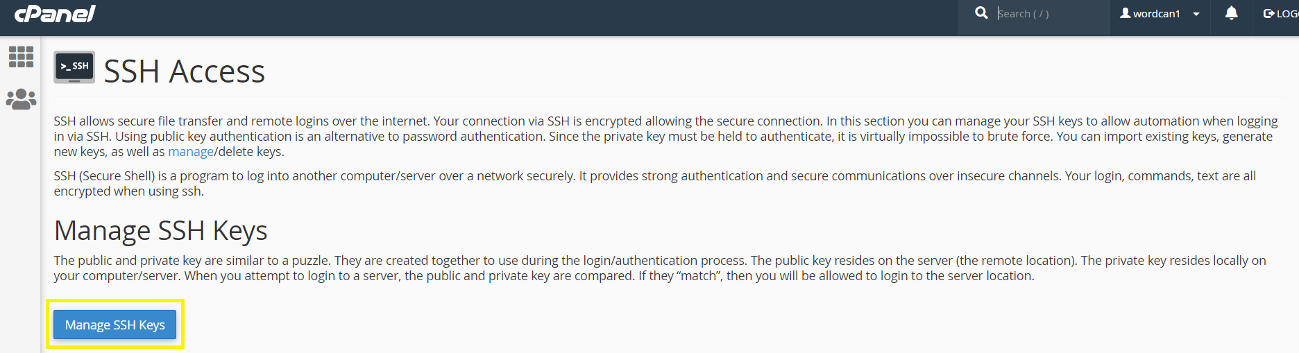 A screenshot of how to manage SSH Keys