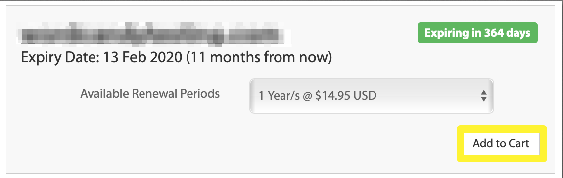 The domain renewal page, showing both the length of time and cost of renewing your domain.