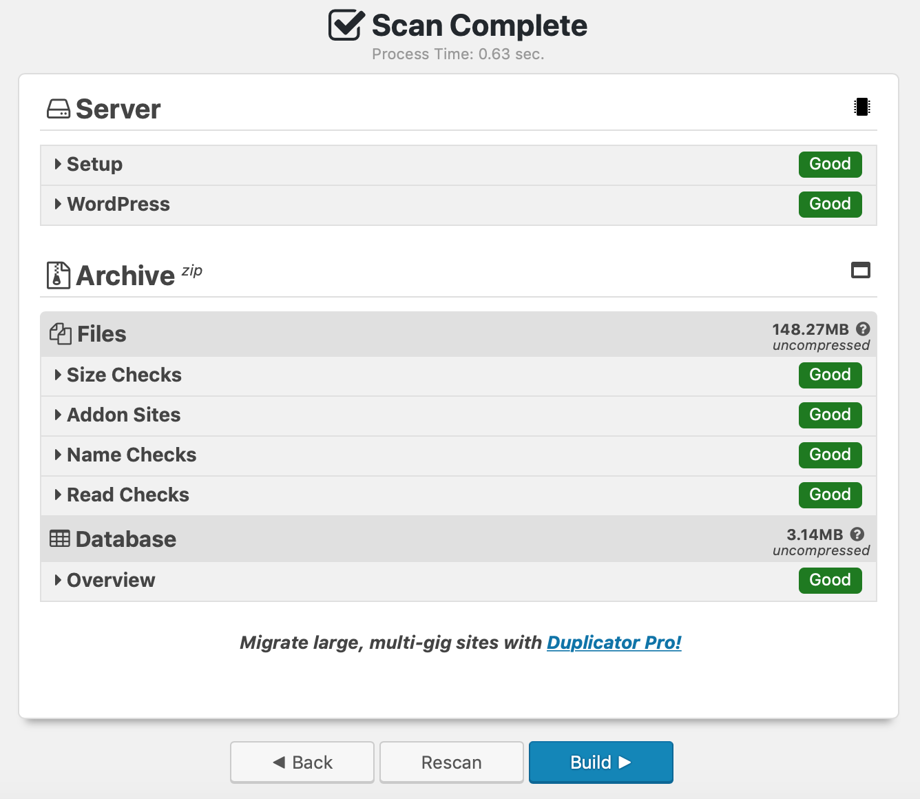 Scanning your site with Duplicator.